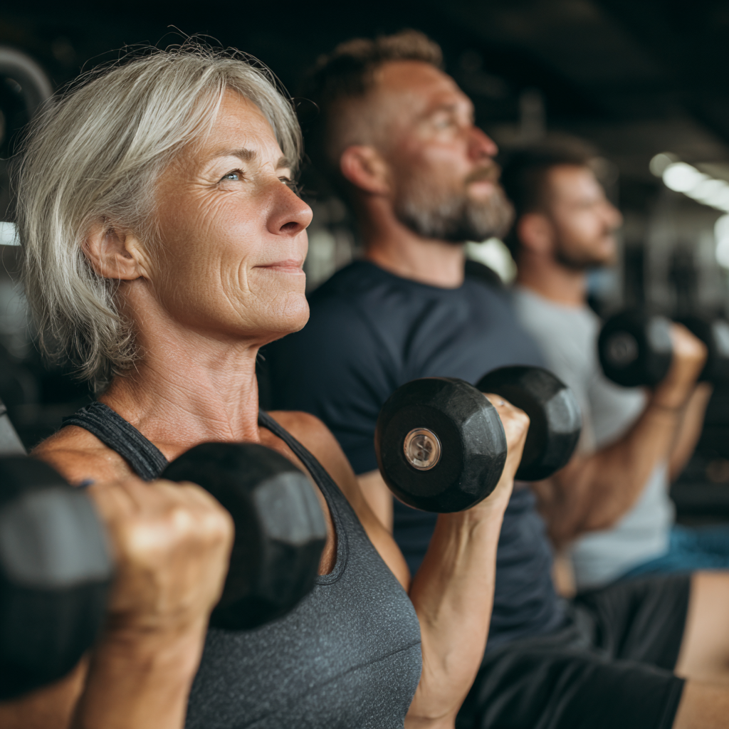 Mature adults performing strength training with professional trainers guidance
