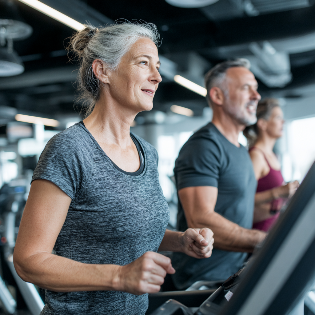 Middle-aged adults doing cardiovascular exercises in modern gym environment